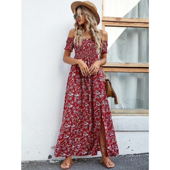 Off the Shoulder Floral High Slit maxi Dress RED boho - Picture 1 of 11